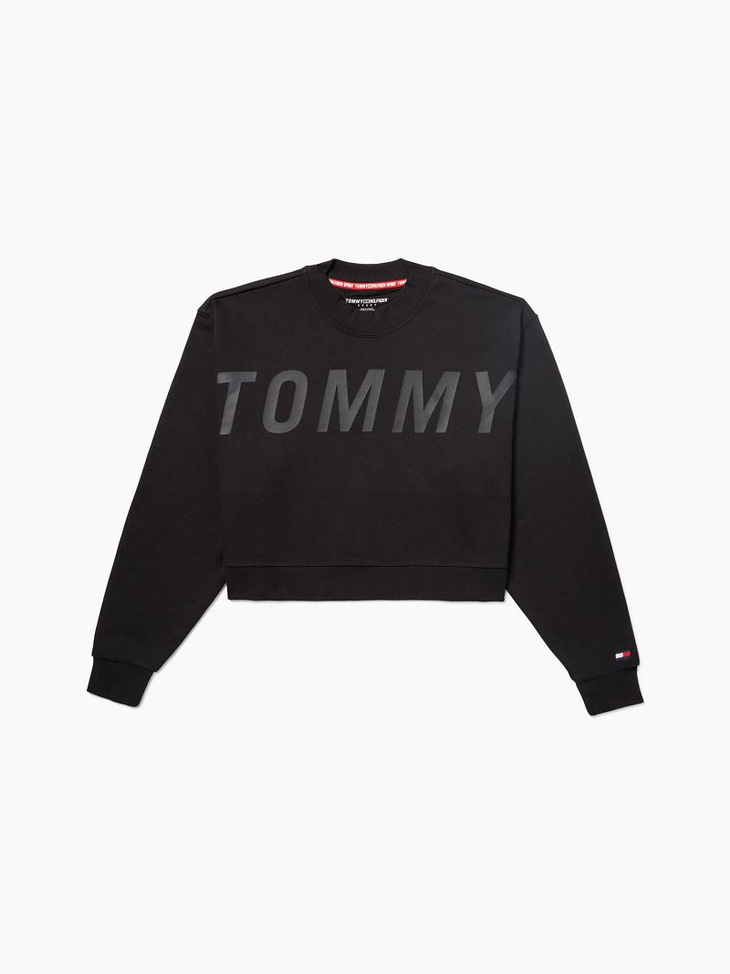 Női Tommy Hilfiger Essential Cropped Ghost Print Logo Pulóverek Fekete | HU 382XYU